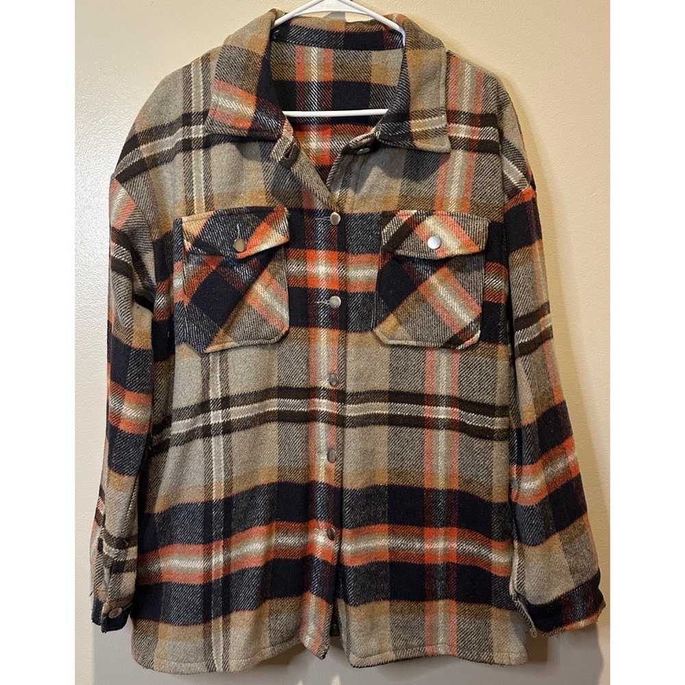 Source Unknown Plaid Button-Down Shacket in Black, Tan & Orange - Picture 1 of 4